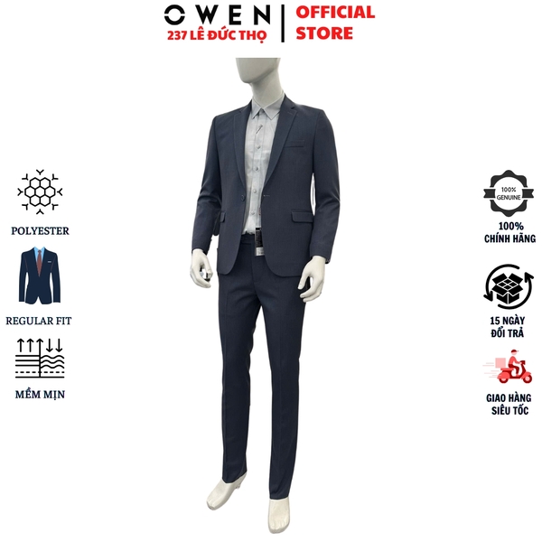 Ves bộ OWEN VES256131 màu xanh đậm dáng ôm slim fit 1 cúc tà xẻ sau Chất liệu Polyester Rayon