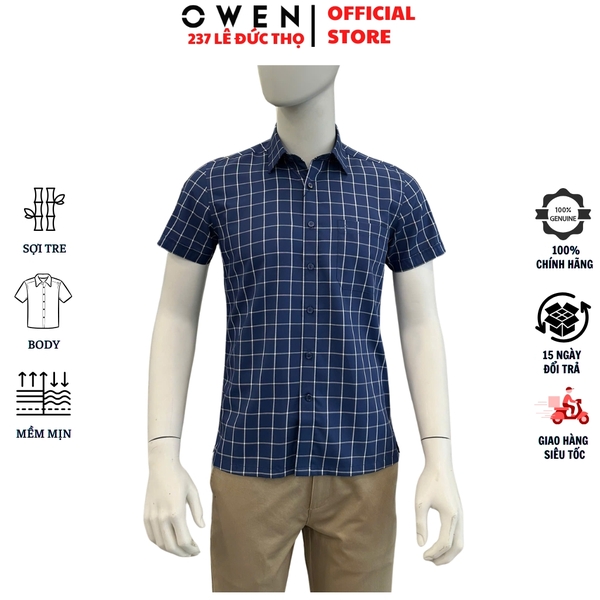 Áo Sơ Mi Nam Tay Ngắn Owen AB260058NT Xanh Tím Than Kẻ Caro Body Fit