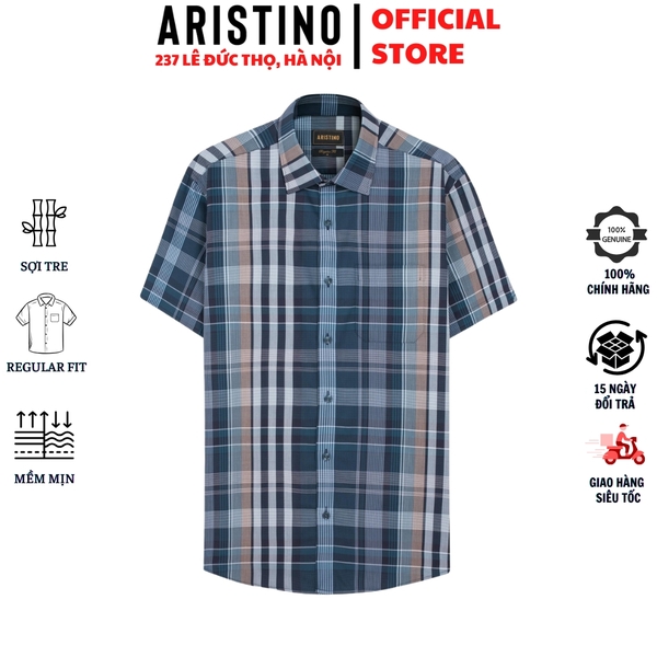 Áo Sơ Mi Nam Ngắn Tay Aristino ASS078AS3 màu xanh cổ vịt kẻ