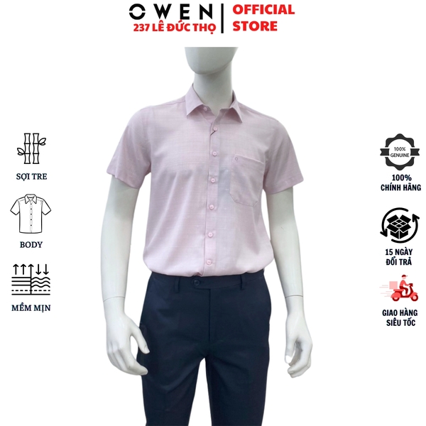 Áo sơ mi nam tay ngắn Owen AF260109NT màu hồng dáng suông Plus size tà lượn có túi chất liệu Bamboo polyester