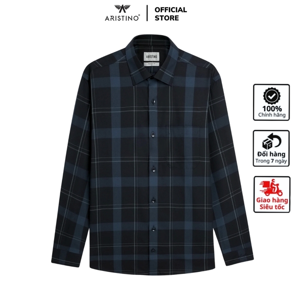 Áo Sơ Mi Nam Dài Tay Aristino ALS1800Z màu đen kẻ xanh dáng suông vừa regular fit tà lượn