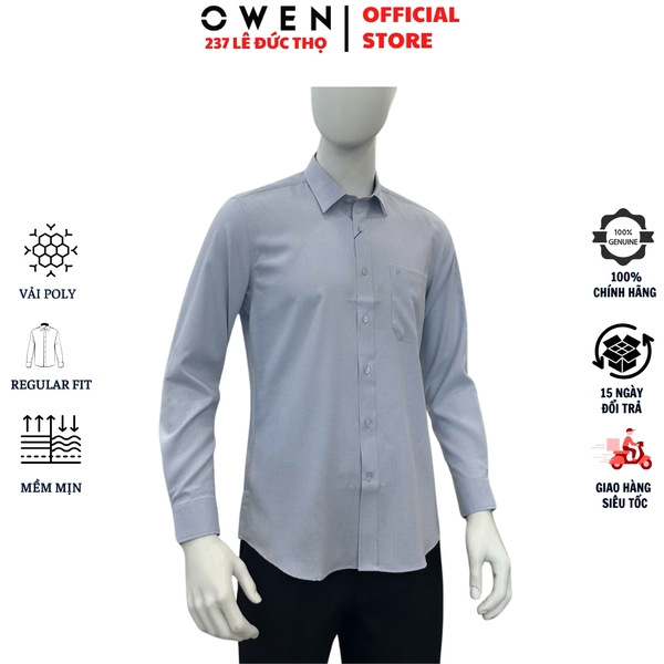 Áo sơ mi nam tay dài Owen AR255047DT màu xám nhạt kẻ caro dáng suông regular fit tà lượn có túi chất liệu Bamboo