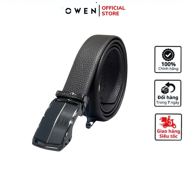 Thắt Lưng Nam Owen BELT233286 dây da màu nâu Mặt Khóa Trượt Tự Động màu đen Chất Liệu Da Bò Thật
