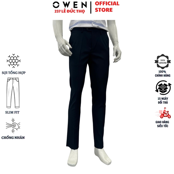 Quần Tây Nam Owen QST262077 màu đen kẻ dáng ôm slim fit cạp tăng đơ chất liệu poly rayon spandex