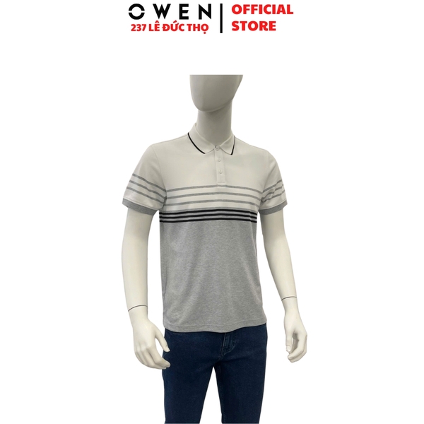 Áo thun polo Nam Tay Ngắn Có Cổ Owen APV253630 màu trắng phối ghi dáng suông tà bằng xẻ tà chất liệu cotton