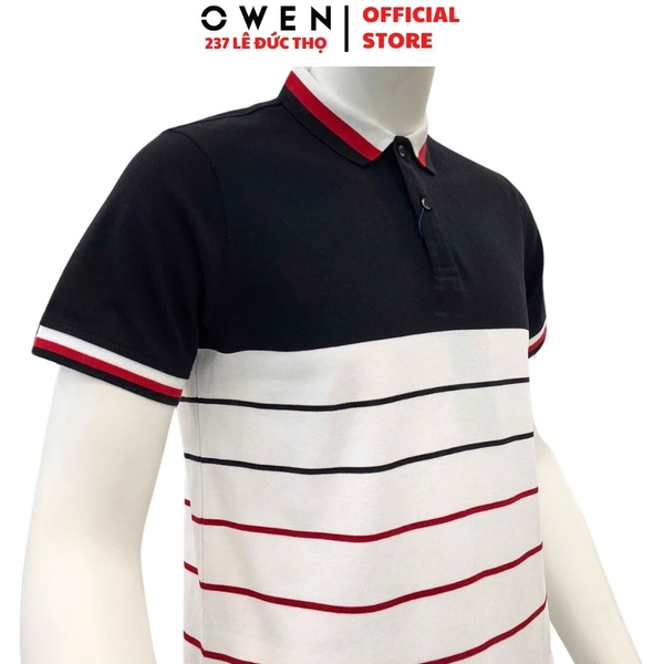 Áo Thun polo Nam Tay Ngắn Có Cổ Owen APV233190 màu trắng phối đen đỏ dáng suông tà bằng xẻ tà chất liệu cotton poly