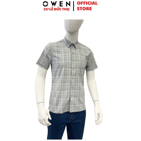 Áo sơ mi nam tay ngắn Owen AB250371NT màu xanh lá nhạt kẻ caro dáng suông body fit tà bằng có túi chất liệu bamboo spandex