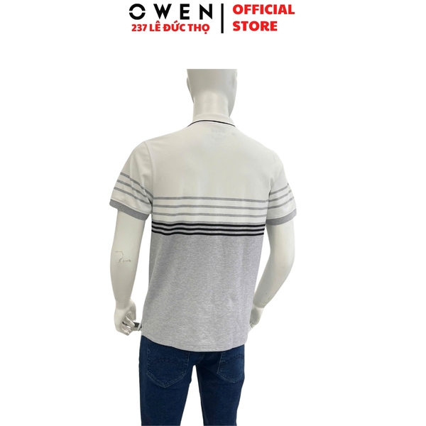 Áo thun polo Nam Tay Ngắn Có Cổ Owen APV253630 màu trắng phối ghi dáng suông tà bằng xẻ tà chất liệu cotton