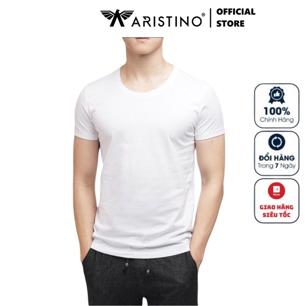 Áo Thun Nam Ngắn Tay Không Cổ Aristino Áo Thun Cotton Cao Cấp Mịn Mát AC22 Kiểu dáng Clasic Màu Trắng Trơn
