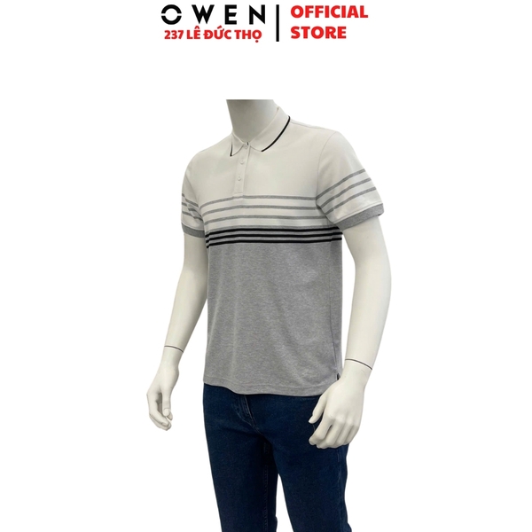 Áo thun polo Nam Tay Ngắn Có Cổ Owen APV253630 màu trắng phối ghi dáng suông tà bằng xẻ tà chất liệu cotton