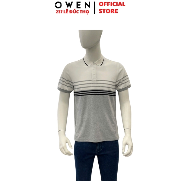 Áo thun polo Nam Tay Ngắn Có Cổ Owen APV253630 màu trắng phối ghi dáng suông tà bằng xẻ tà chất liệu cotton
