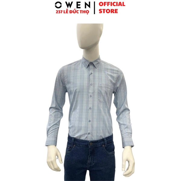 Áo Sơ mi nam tay dài Owen AR250347DT màu xanh nhạt kẻ caro dáng suông regular fit tà lượn có túi chất liệu bamboo spandex