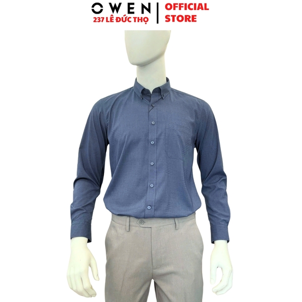 Áo sơ mi nam tay dài Owen AR240586DT màu xanh tím than dáng suông regular fit tà lượn có túi chất liệu modal spandex