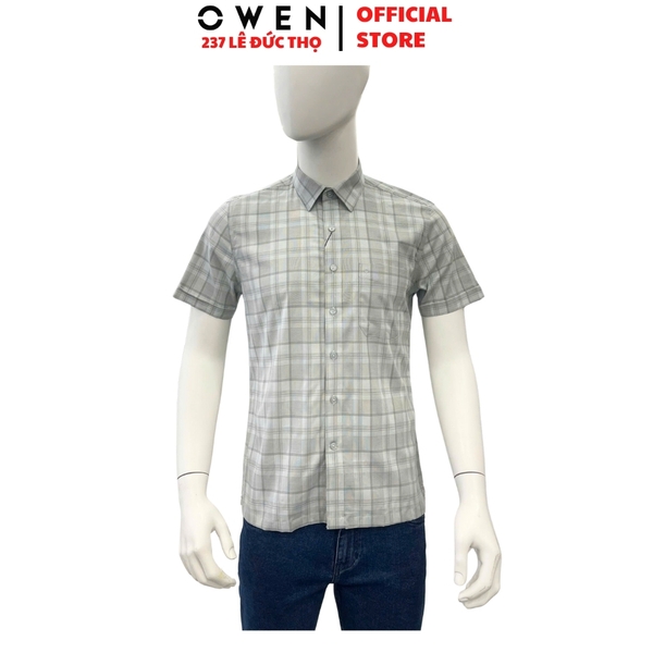 Áo sơ mi nam tay ngắn Owen AB250371NT màu xanh lá nhạt kẻ caro dáng suông body fit tà bằng có túi chất liệu bamboo spandex