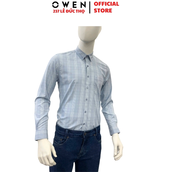 Áo Sơ mi nam tay dài Owen AR250347DT màu xanh nhạt kẻ caro dáng suông regular fit tà lượn có túi chất liệu bamboo spandex