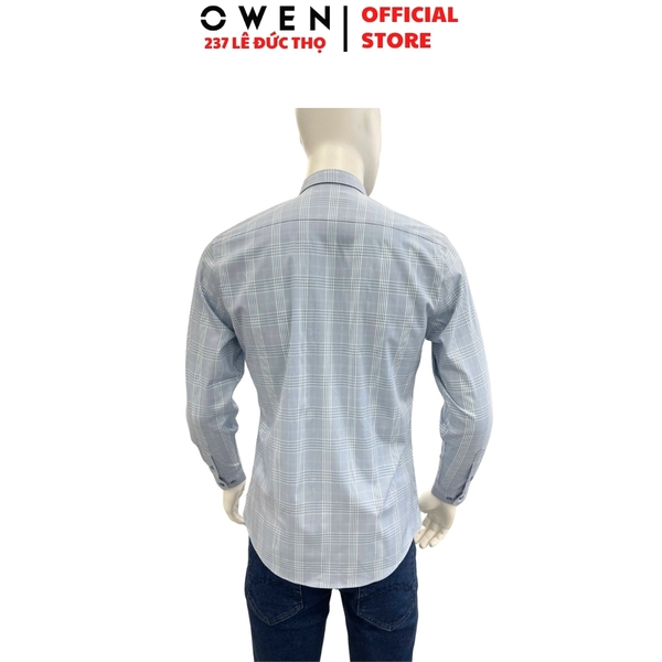 Áo Sơ mi nam tay dài Owen AR250347DT màu xanh nhạt kẻ caro dáng suông regular fit tà lượn có túi chất liệu bamboo spandex