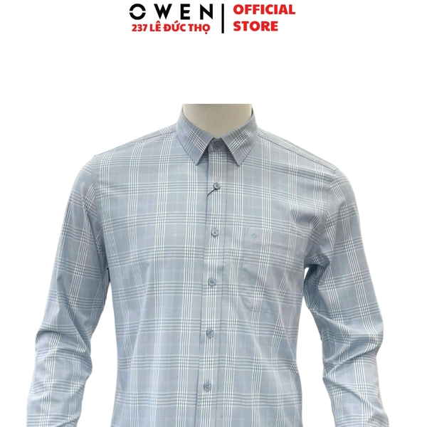 Áo Sơ mi nam tay dài Owen AR250347DT màu xanh nhạt kẻ caro dáng suông regular fit tà lượn có túi chất liệu bamboo spandex