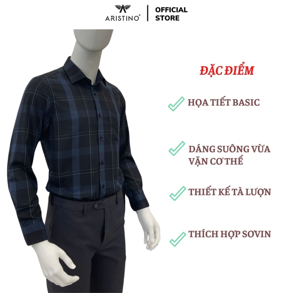 Áo Sơ Mi Nam Dài Tay Aristino ALS1800Z màu đen kẻ xanh dáng suông vừa regular fit tà lượn