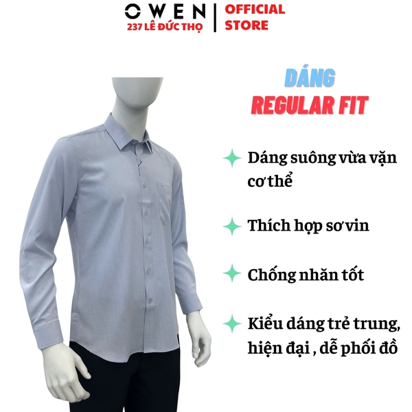 Áo sơ mi nam tay dài Owen AR255047DT màu xám nhạt kẻ caro dáng suông regular fit tà lượn có túi chất liệu Bamboo