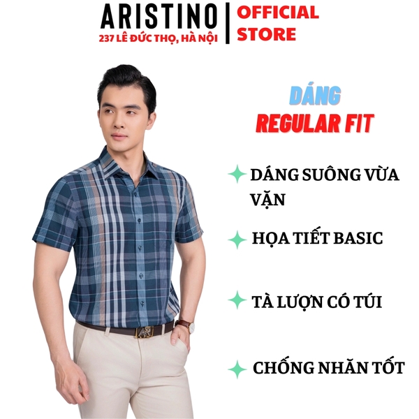 Áo Sơ Mi Nam Ngắn Tay Aristino ASS078AS3 màu xanh cổ vịt kẻ