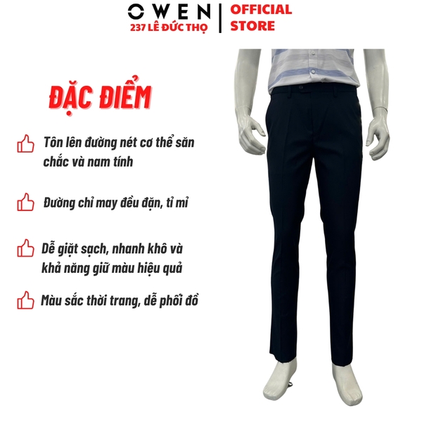 Quần Tây Nam Owen QST262077 màu đen kẻ dáng ôm slim fit cạp tăng đơ chất liệu poly rayon spandex
