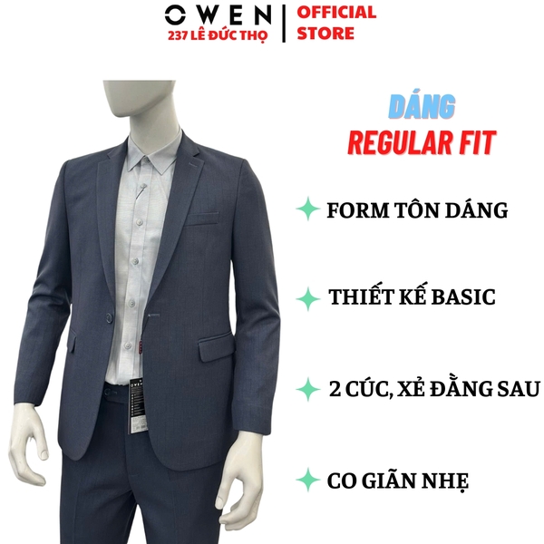 Ves bộ OWEN VES256131 màu xanh đậm dáng ôm slim fit 1 cúc tà xẻ sau Chất liệu Polyester Rayon