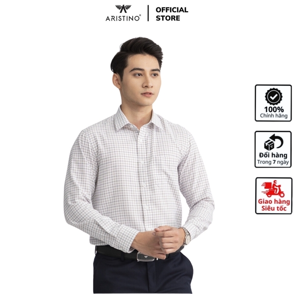 Áo Sơ Mi Nam Dài Tay Aristino ALS09102 màu trắng nâu dệt dobby dáng suông regular fit tà lượn có túi ngực chất liệu polyester