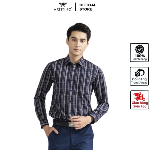 Áo Sơ Mi Nam Dài Tay Aristino ALS38502 màu xanh tím than kẻ caro dáng suông regular fit tà lượn có túi ngực chất liệu sợi tre