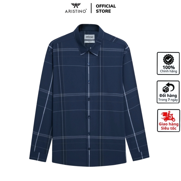 Áo Sơ Mi Nam Dài Tay Aristino ALS2150Z màu xanh tím than kẻ dáng ôm slim fit tà lượn không túi chất liệu sợi tre