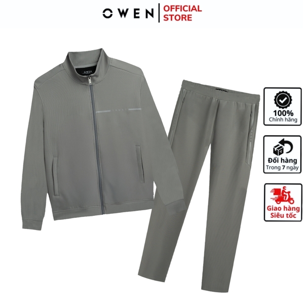 Bộ mặc nhà OWEN BMN241329 màu xám  dáng reguler fit cổ 3 phân kéo khóa bo chun gấu tay chất liệu Poly spandex