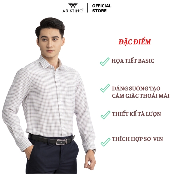 Áo Sơ Mi Nam Dài Tay Aristino ALS09102 màu trắng nâu dệt dobby dáng suông regular fit tà lượn có túi ngực chất liệu polyester