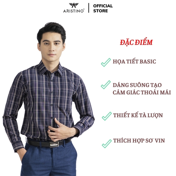 Áo Sơ Mi Nam Dài Tay Aristino ALS38502 màu xanh tím than kẻ caro dáng suông regular fit tà lượn có túi ngực chất liệu sợi tre