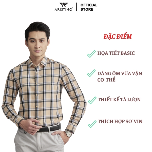 Áo Sơ Mi Nam Dài Tay Aristino ALS23202 màu be kẻ đen dáng ôm slim fit tà lượn không túi ngực chất liệu nano poly