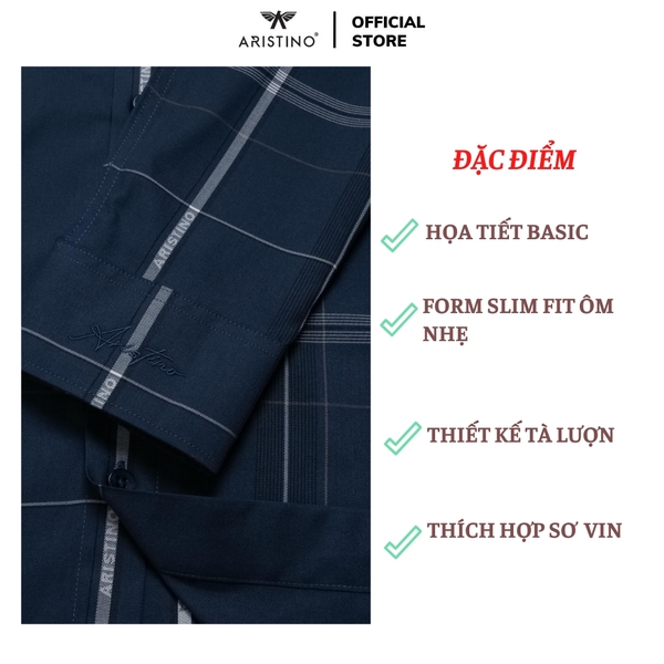 Áo Sơ Mi Nam Dài Tay Aristino ALS2150Z màu xanh tím than kẻ dáng ôm slim fit tà lượn không túi chất liệu sợi tre