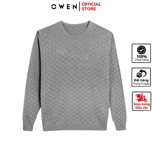 Áo len nam owen ALC241290 màu xám nhạt họa tiết dáng suông regular fit cổ tròn bo tay gấu chât liệu acrylic cotton
