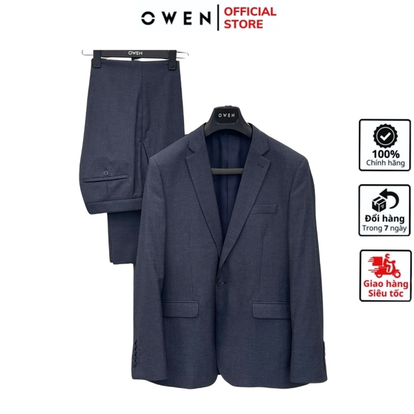 Ves bộ OWEN VES242717 màu xanh nhạt dáng slimfit, 1 khuy, xẻ tà 2 bên chất liệu TR Spandex