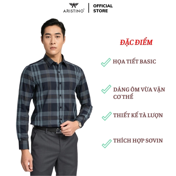 Áo Sơ Mi Nam Dài Tay Aristino ALS0480Z màu xanh tím than kẻ
