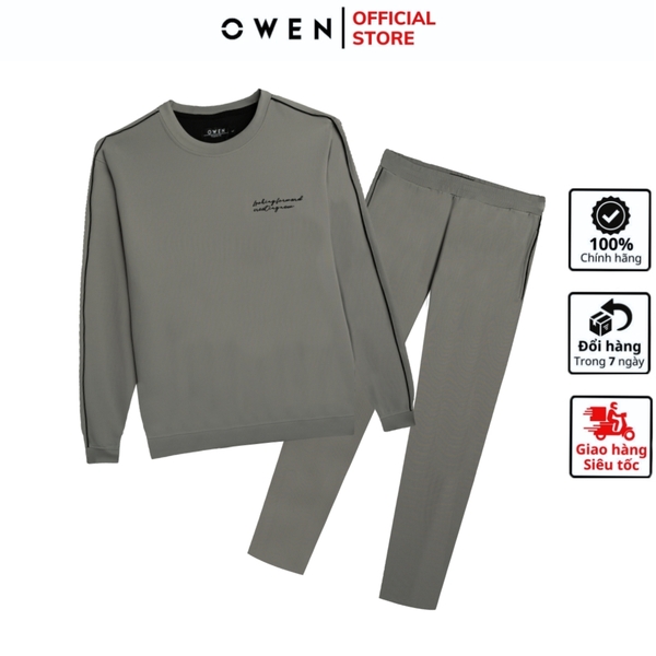 Bộ mặc nhà OWEN BMN241331 màu xám  dáng reguler fit cổ chui bo chun gấu tay chất liệu Poly spandex