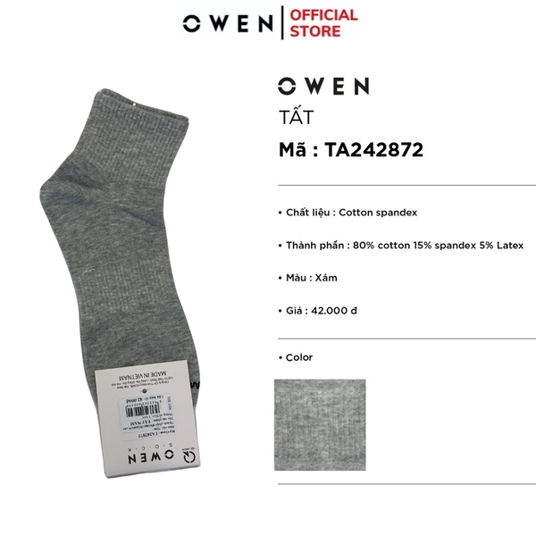 Tất Nam Owen TA242872 màu xám nhạt kiểu vớ cổ cao chất liệu cotton spandex
