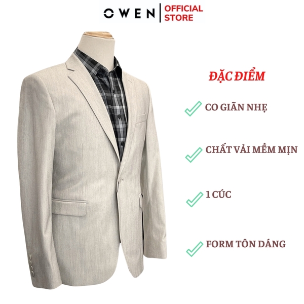 Áo Demi - Blazer Owen BL241356 màu be nhạt dáng suông regular fit 1 cúc tà xẻ 2 bên chất liệu TR spandex