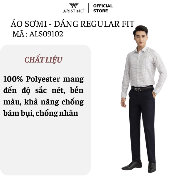Áo Sơ Mi Nam Dài Tay Aristino ALS09102 màu trắng nâu dệt dobby dáng suông regular fit tà lượn có túi ngực chất liệu polyester