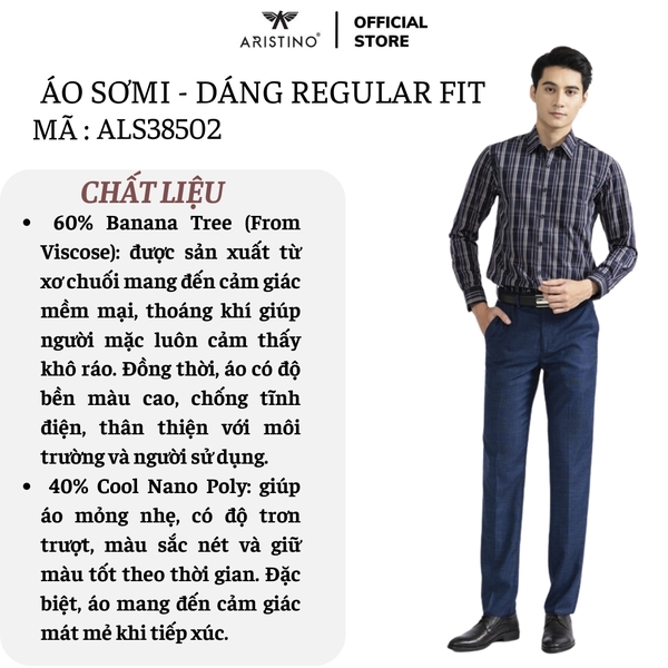 Áo Sơ Mi Nam Dài Tay Aristino ALS38502 màu xanh tím than kẻ caro dáng suông regular fit tà lượn có túi ngực chất liệu sợi tre