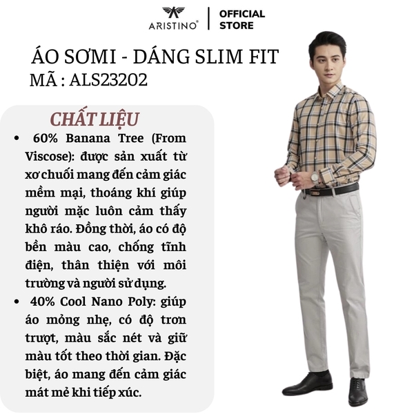 Áo Sơ Mi Nam Dài Tay Aristino ALS23202 màu be kẻ đen dáng ôm slim fit tà lượn không túi ngực chất liệu nano poly