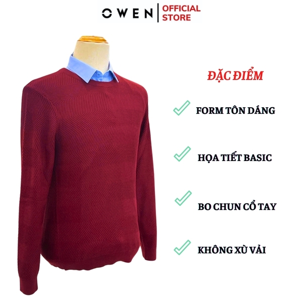 Áo len nam owen ALC241295 màu đỏ vân sọc chìm dáng suông regular fit cổ 3 phân chất liệu Acrylic