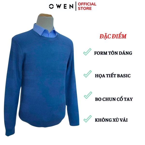 Áo len nam owen ALC241283 màu xanh  dáng suông regular fit cổ 3 phân chất liệu Acrylic
