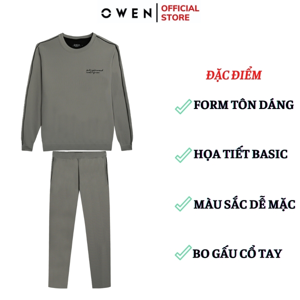 Bộ mặc nhà OWEN BMN241331 màu xám  dáng reguler fit cổ chui bo chun gấu tay chất liệu Poly spandex