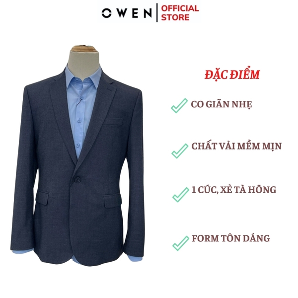 Ves bộ OWEN VES242717 màu xanh nhạt dáng slimfit, 1 khuy, xẻ tà 2 bên chất liệu TR Spandex