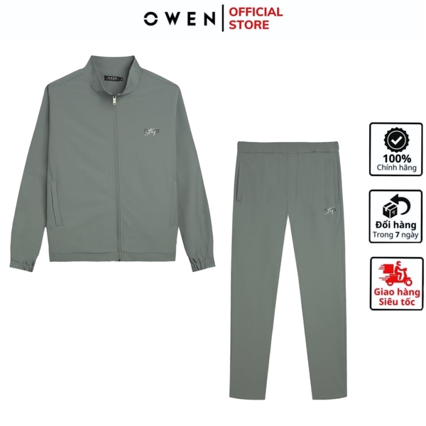 Bộ mặc nhà OWEN BMN241334 màu xanh xám dáng reguler, áo cổ 3 phân, khóa kéo, tay và gấu bo chun, quần cạp chun ống suông chất liệu CVC spandex