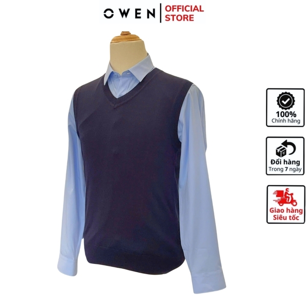 Áo len nam owen ALG241282 màu xanh tím than áo gile cổ tim dáng suông regular fit chất liệu Acrylic