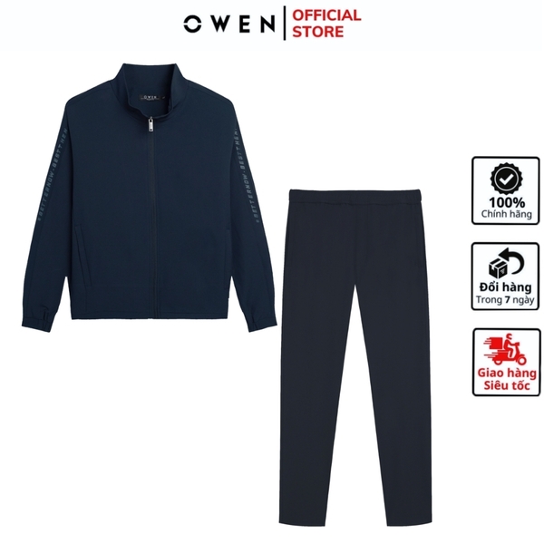 Bộ mặc nhà OWEN BMN241338 màu xanh than đậm dáng reguler, áo cổ 3 phân, khóa kéo, tay và gấu bo chun, quần cạp chun ống suông chất liệu CVC spandex